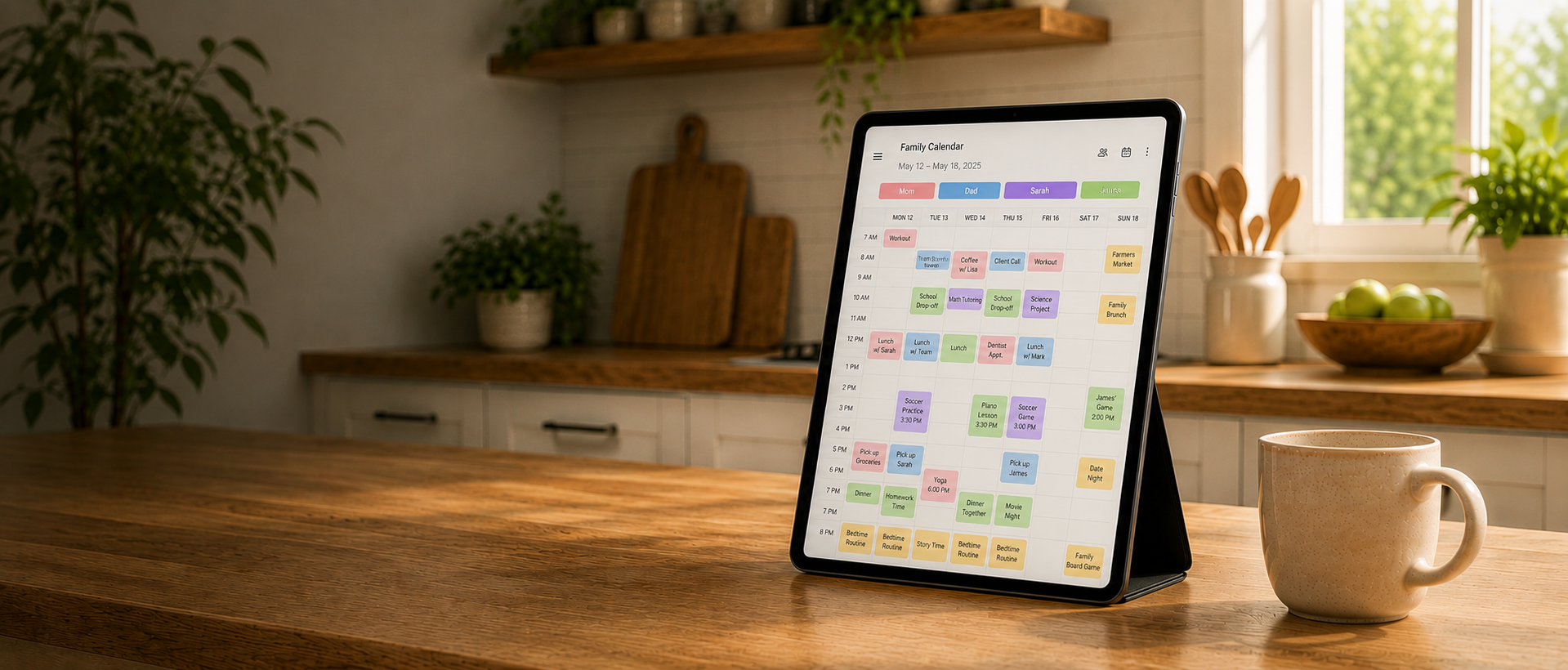 A tablet on a wooden kitchen counter showing a colorful family calendar, with a warm mug beside it and natural morning light